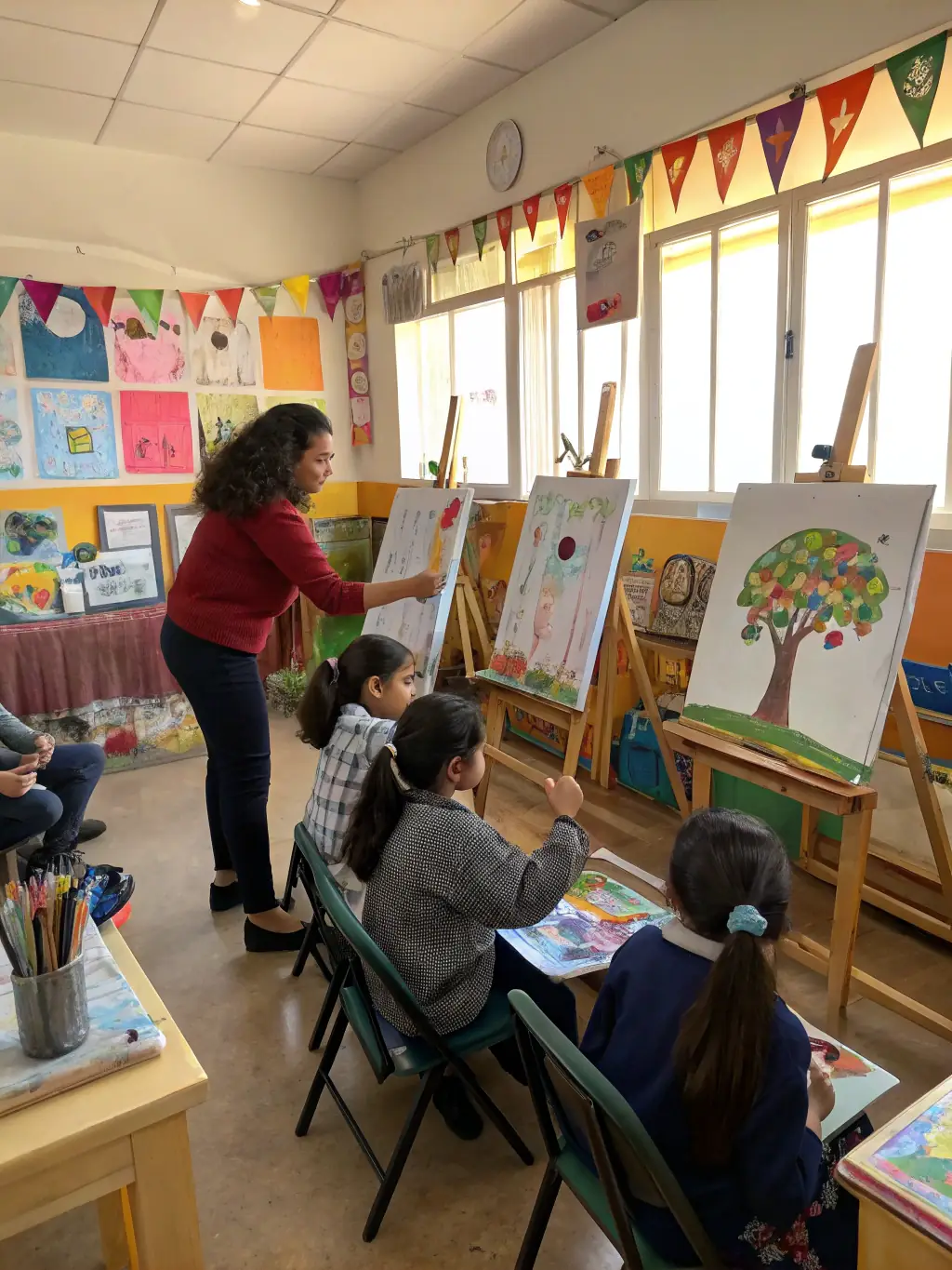 A photograph capturing a vibrant art workshop session, with participants of diverse ages and backgrounds creating artwork under the guidance of an instructor, reflecting the association's commitment to art education.