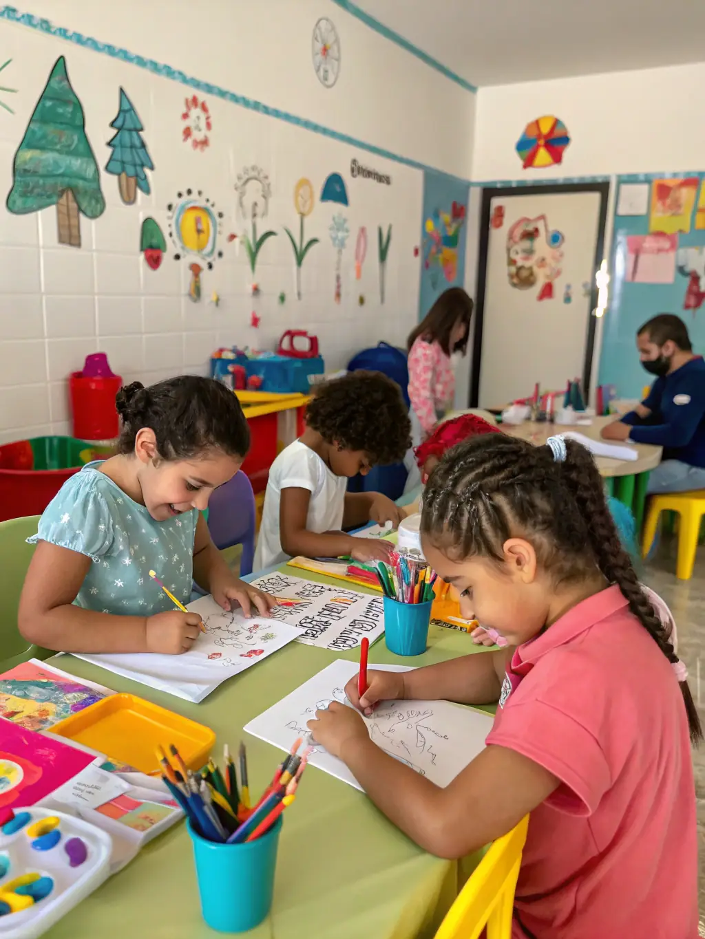 A close-up shot of a group of children participating in an art workshop organized by COULEURS EN PARTAGE, focusing on their hands creating colorful artwork with guidance from an instructor.