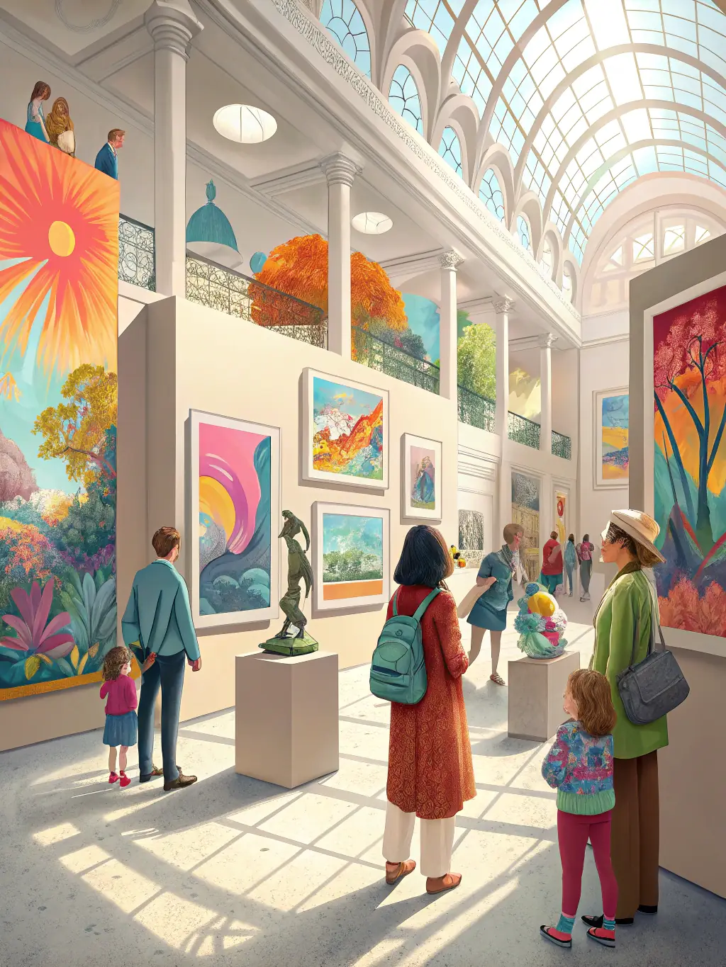 A photograph of a successful art exhibition organized by COULEURS EN PARTAGE, showcasing a diverse range of artworks and attendees appreciating the display, highlighting the association's role in promoting art.