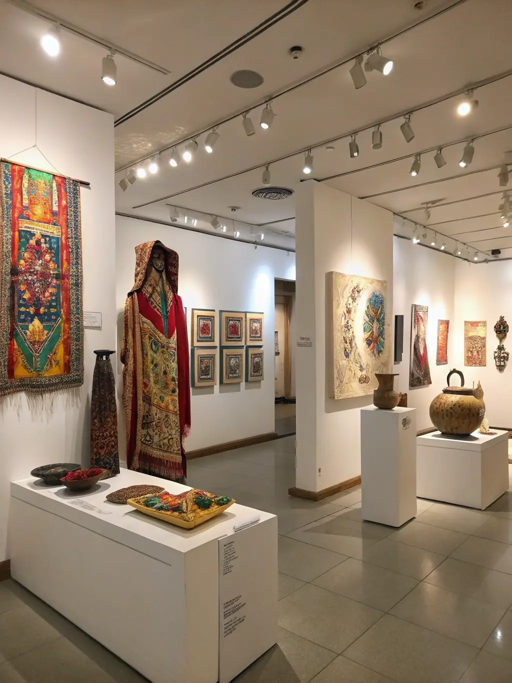 A photograph of a selection of artworks and related products available for sale at a COULEURS EN PARTAGE event, with a sign indicating that proceeds benefit a specific humanitarian association.