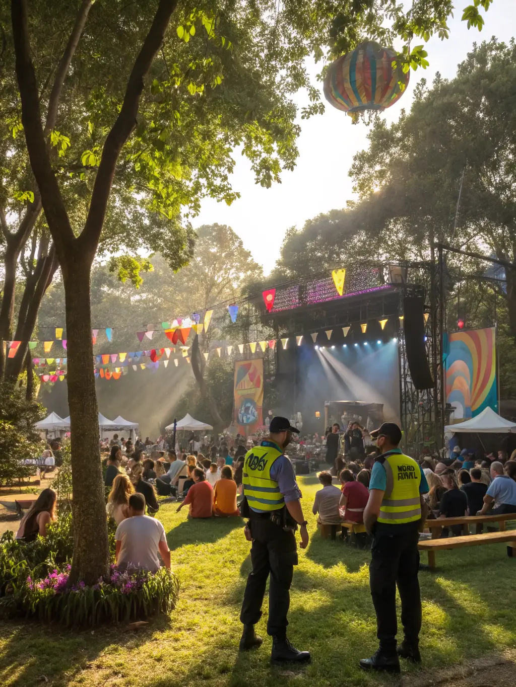 A dynamic image of a COULEURS EN PARTAGE event held in a public space, showcasing a blend of art, music, and cultural performances, with people of all ages participating.