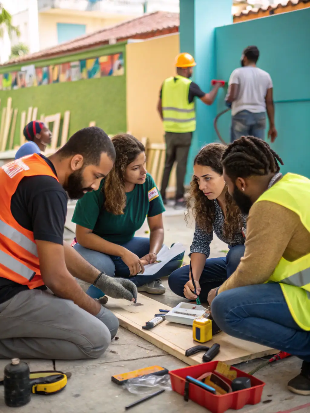 A photograph of volunteers actively involved in setting up an art installation for a community event, demonstrating the association's collaborative spirit and dedication to community enrichment.